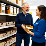 A professional community donor, fully clothed in a modest business casual outfit, politely handing a neatly packed box of non-perishable food items to a welcoming volunteer inside a modern, well-organized food bank. The background displays clean shelves efficiently stocked with various donated goods, emphasizing transparent and effective distribution. Both individuals maintain professional composure and natural poses, showcasing a seamless and positive interaction. The scene is bathed in soft, natural light, conveying a sense of community support and trust. safe for work, appropriate content, family-friendly, perfect anatomy, correct proportions, natural body proportions, well-formed hands, proper finger count, professional photography, high quality.