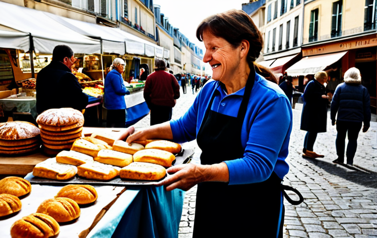 **

"A bustling French marketplace, filled with vendors selling fresh produce, cheese, and bread. A baker in a modest apron is handing off leftover pastries to a volunteer from a local charity. The scene is warm and inviting, capturing the spirit of community and sharing. Safe for work, appropriate content, fully clothed, professional photography, perfect anatomy, natural proportions, family-friendly."

**