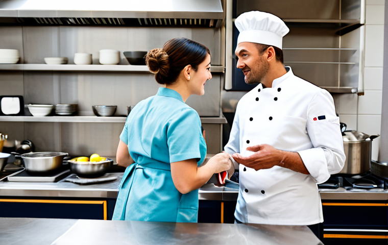 **

"A bright and airy scene of a Parisian food blogger, fully clothed in a stylish, modest dress, interviewing a chef in a modern, clean restaurant kitchen. The chef is also fully clothed in professional attire. Focus on their engaging conversation and the fresh, local ingredients on the counter. Background includes stainless steel appliances and organized shelves. Safe for work, appropriate content, professional, family-friendly, perfect anatomy, natural proportions, well-formed hands, proper finger count."

**