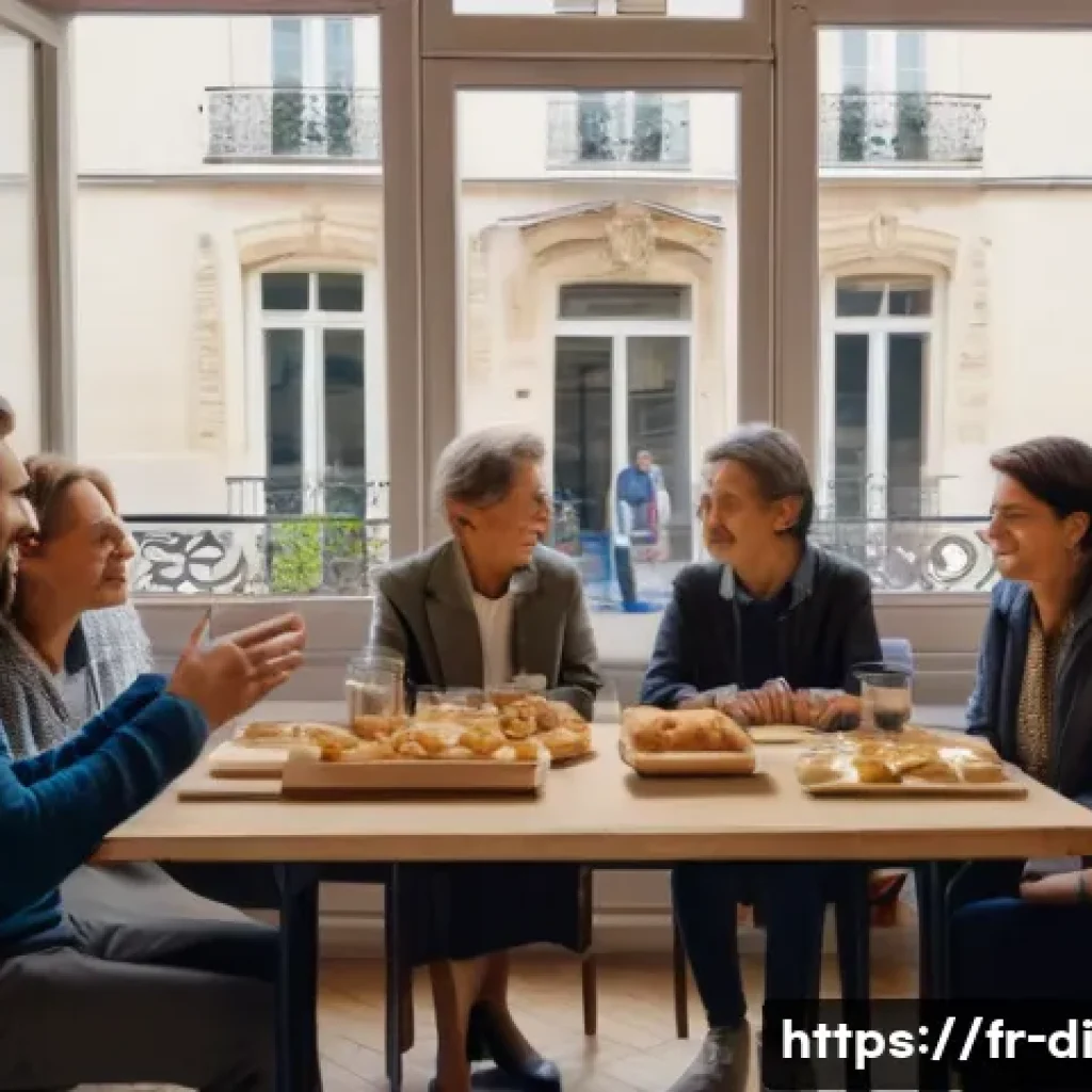 음식 나눔을 위한 기부자 관리 전략 - A heartfelt scene showing a diverse group of French donors in a cozy, warmly lit community center, e...