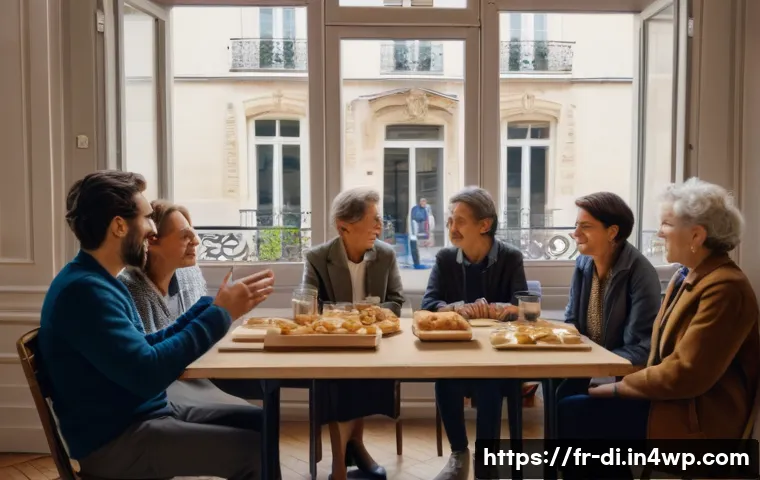 음식 나눔을 위한 기부자 관리 전략 - A heartfelt scene showing a diverse group of French donors in a cozy, warmly lit community center, e...