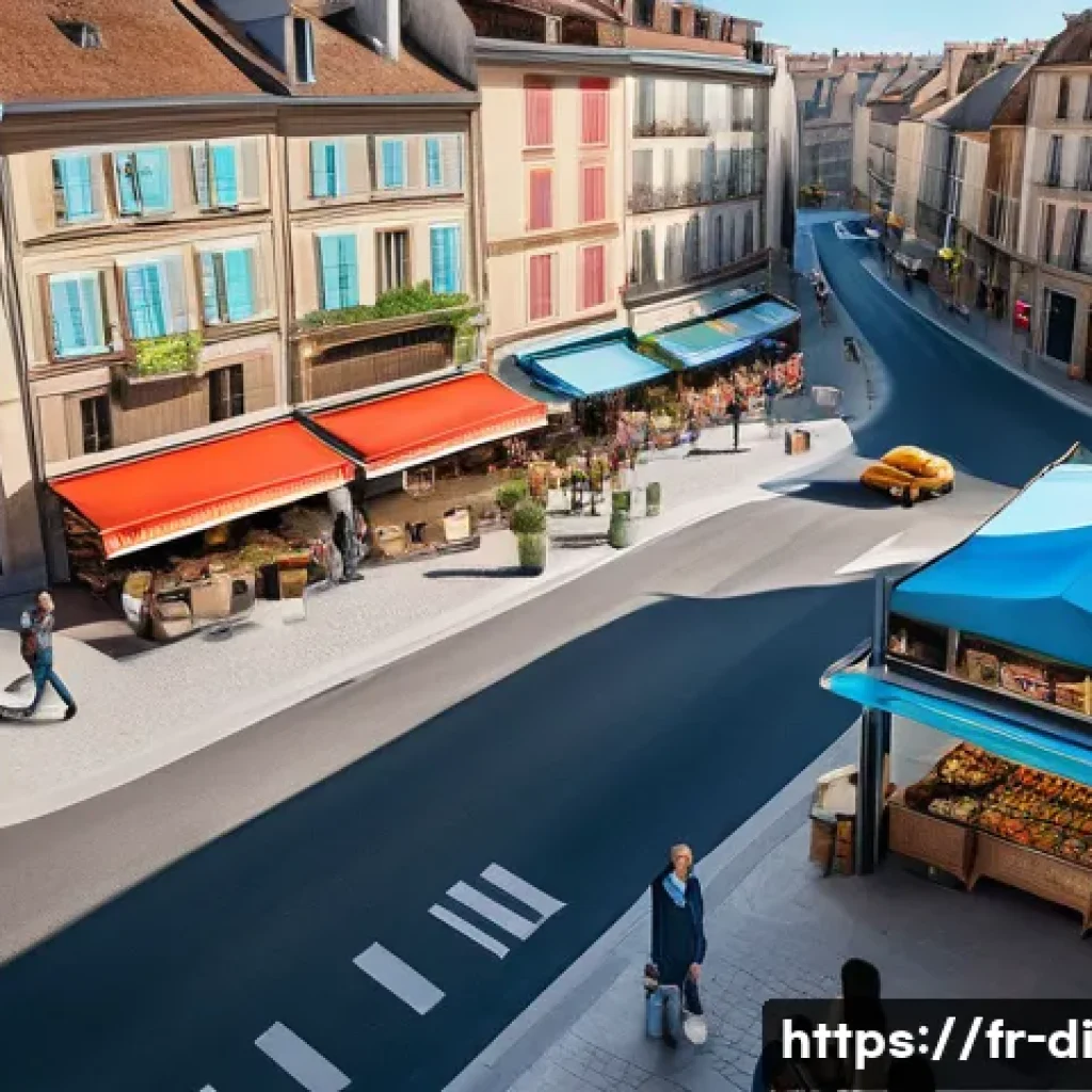 음식 나눔 확장을 위한 자원 관리 - A detailed aerial view of a vibrant urban area in France showcasing an interactive digital map displ...