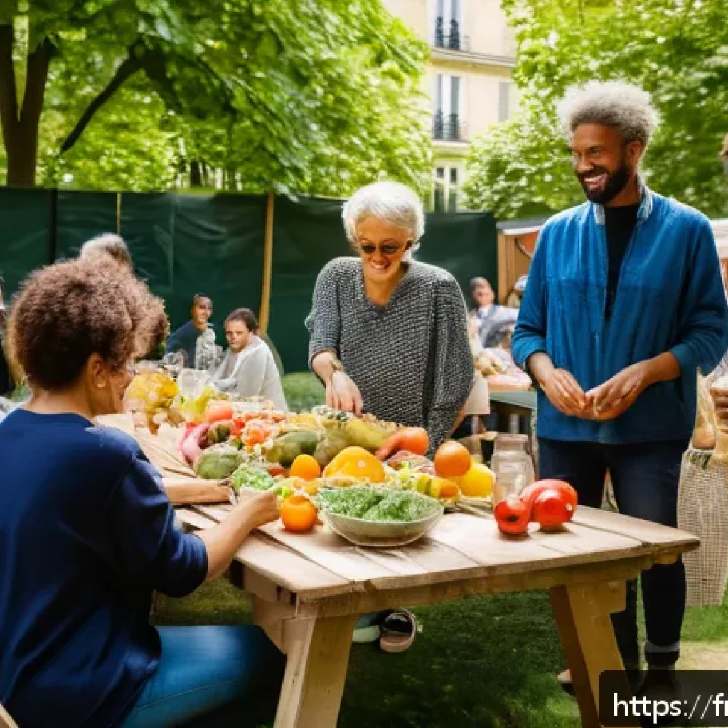 음식 나눔 네트워크의 커뮤니티 참여 방안 - A vibrant community food-sharing event in a cozy Parisian neighborhood, featuring diverse participan...