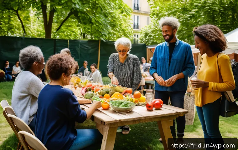 음식 나눔 네트워크의 커뮤니티 참여 방안 - A vibrant community food-sharing event in a cozy Parisian neighborhood, featuring diverse participan...