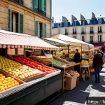 지속 가능한 음식 나눔의 미래 전망 - A vibrant urban community food market in a French neighborhood, showcasing local farmers and bakers ...