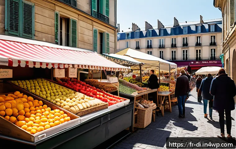 지속 가능한 음식 나눔의 미래 전망 - A vibrant urban community food market in a French neighborhood, showcasing local farmers and bakers ...