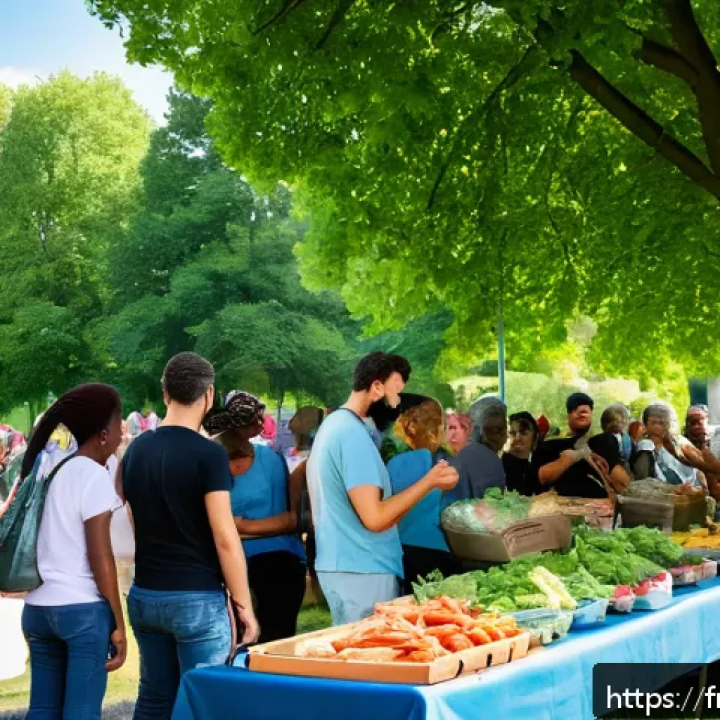 음식 나눔을 위한 SNS 활용 방법 - A vibrant community food-sharing event in a French neighborhood park, featuring diverse local reside...