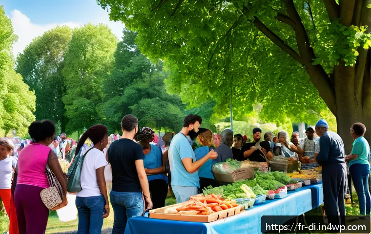 음식 나눔을 위한 SNS 활용 방법 - A vibrant community food-sharing event in a French neighborhood park, featuring diverse local reside...