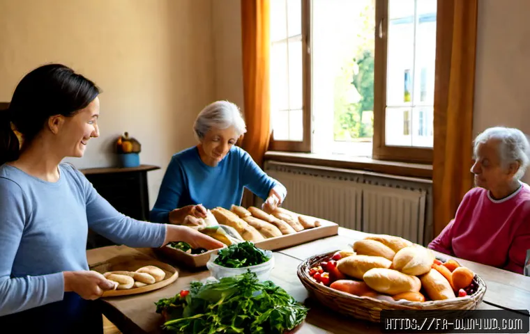 음식 나눔과 사회적 책임 - Photorealistic community food-sharing scene in a sunlit French neighborhood hall, diverse volunteers...